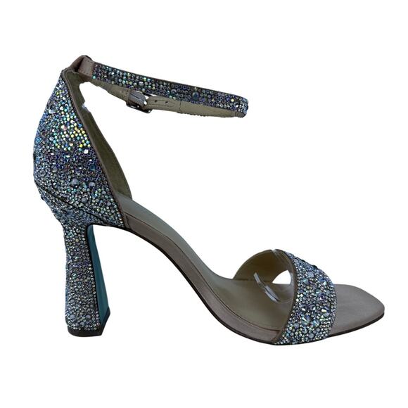 Betsey Johnson Dani Sandals Spool Heel Womens 8.5 M Shiny Rhinestones Buckle - Picture 7 of 11